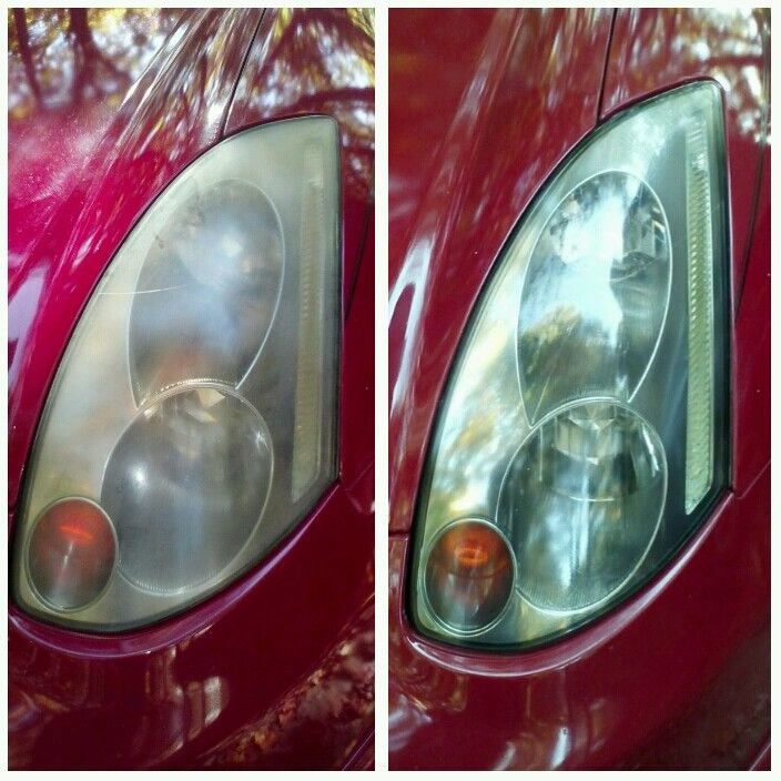Faro opaco a la izquierda y restaurado a la derecha en un auto rojo