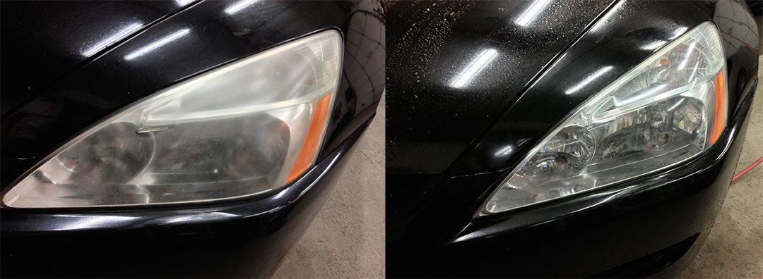 Faro de auto negro opaco a la izquierda y restaurado a la derecha