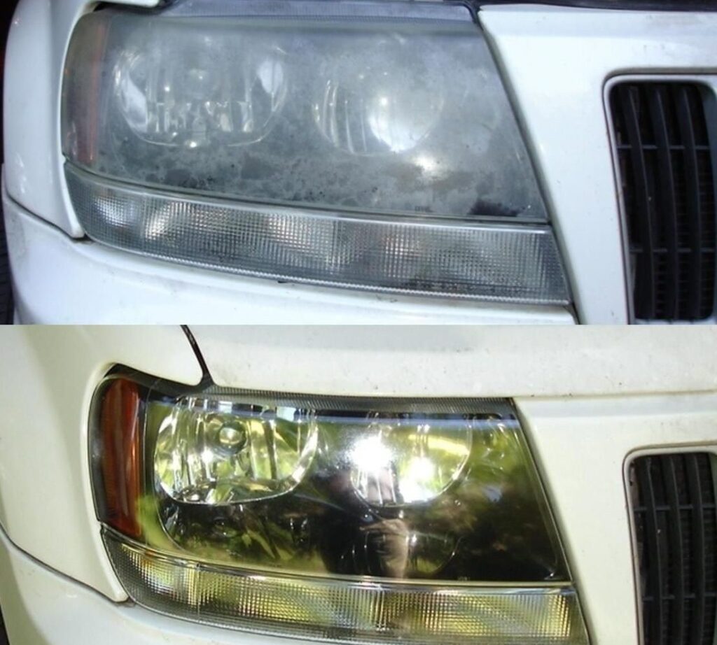 Faro opaco arriba y faro restaurado abajo en una camioneta blanca