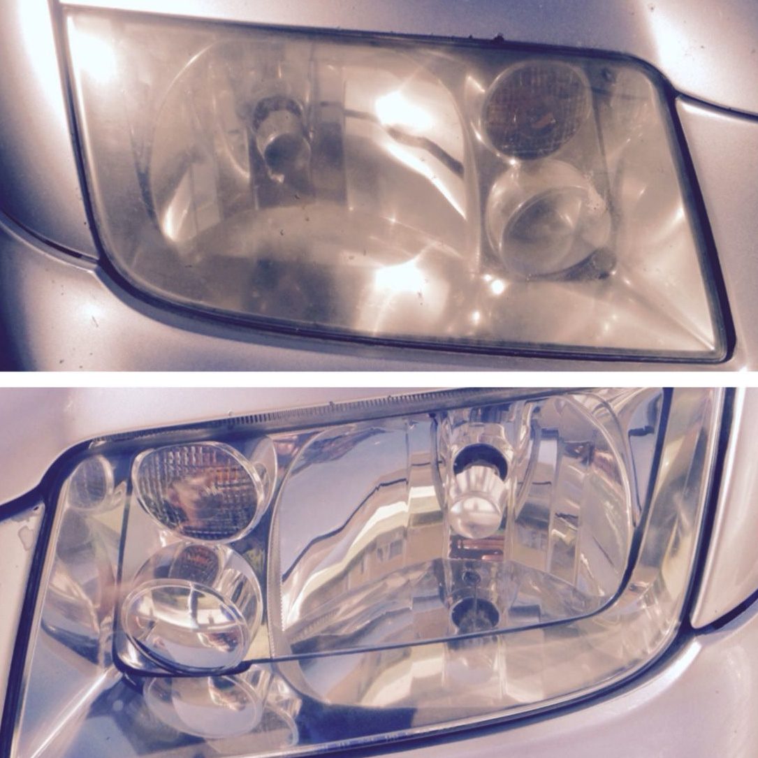 Faro rectangular nublado arriba y cristalino abajo: pulido de faros precio
